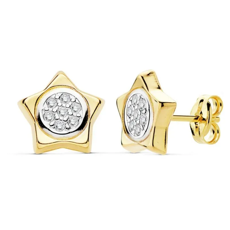 Pendientes oro 18k bicolor 9mm. estrella circonitas [AB8873]