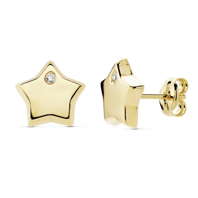 Pendientes oro 18k estrella 9mm. lisa circonita [AB8888]