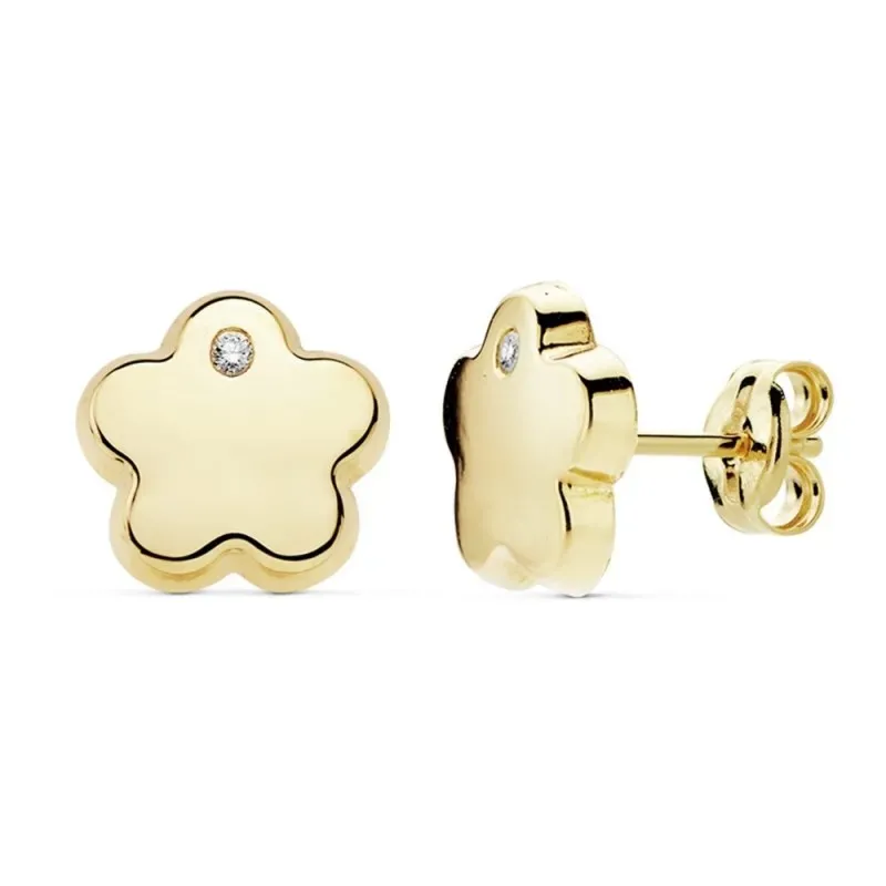 Pendientes oro 18k flor 9mm. lisa circonita pétalo [AB8889]