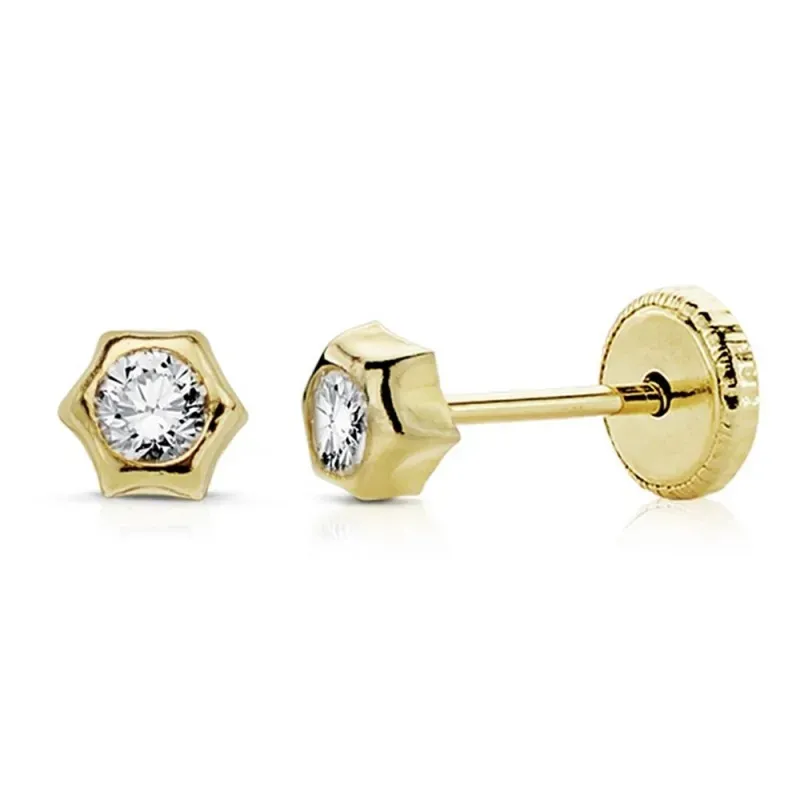 Pendientes oro 18k niña 4mm. sol circonita tuerca [AB8895]