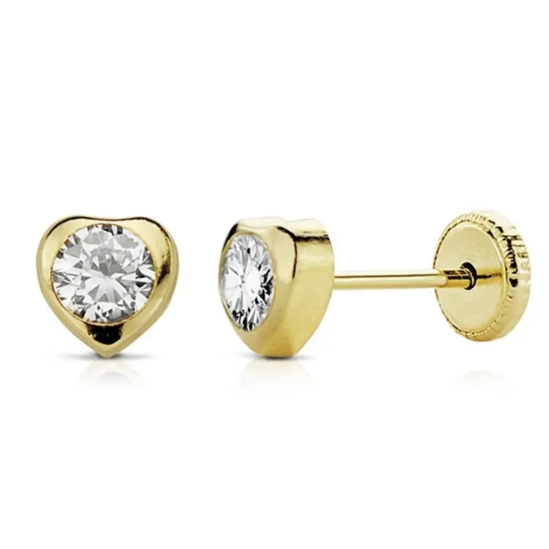 Pendientes oro 18k corazón 5mm. niña circonita tuerca [AB8900]