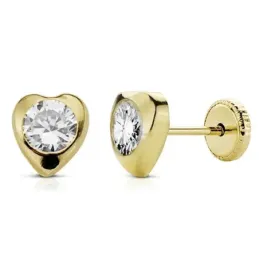 Pendientes oro 18k corazón 6mm. niña circonita tuerca [AB8901]