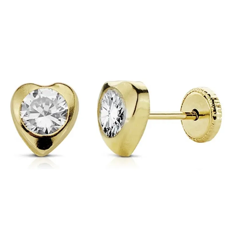 Pendientes oro 18k corazón 6mm. niña circonita tuerca [AB8901]