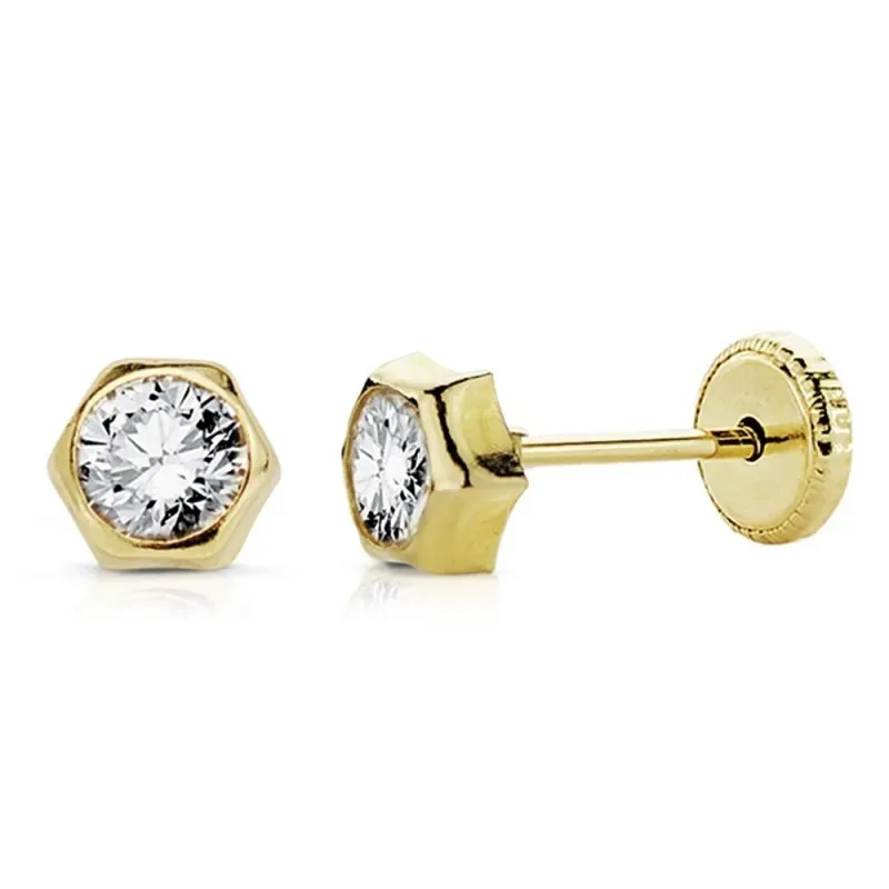 Pendientes oro 18k niña hexágono 4mm. circonita tuerca [AB8902]