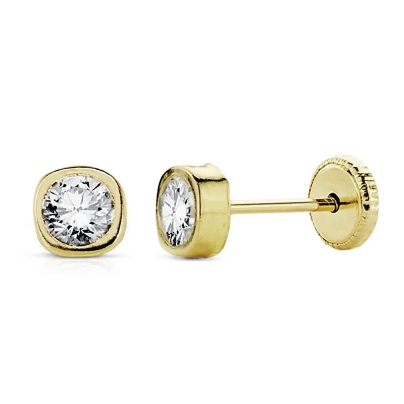 Pendientes oro 18k niña cuadrados 4mm. circonita tuerca [AB8904]