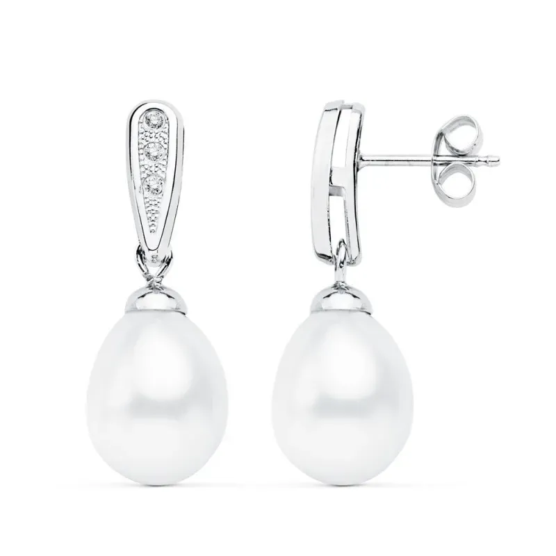 Pendientes oro blanco 18k lágrima 24mm. perlas cultivadas [AB8924]