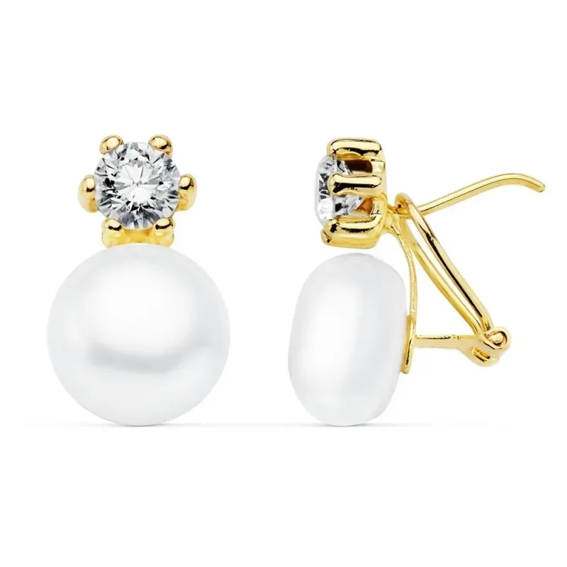 Pendientes oro 18k 17mm. perla cultivada botón circonita [AB8927]