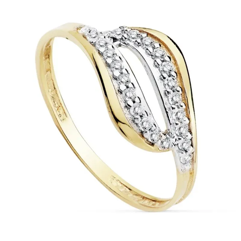 Sortija oro 18k bicolor circonitas ancho cuerpo 2mm. [AB8932]