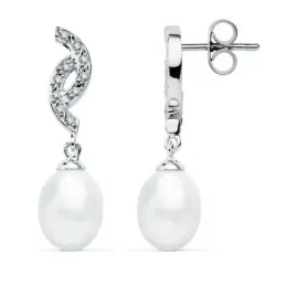 Pendientes oro blanco 9k perla cultivada circonitas 30mm. [AB9017]