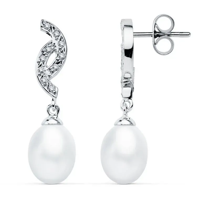 Pendientes oro blanco 9k perla cultivada circonitas 30mm. [AB9017]