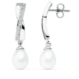 Pendientes oro blanco 9k 32mm. perla cultivada circonitas [AB9018]