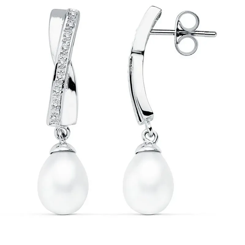 Pendientes oro blanco 9k 32mm. perla cultivada circonitas [AB9018]