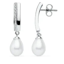 Pendientes oro blanco 9k 30mm. perla cultivada circonitas [AB9019]