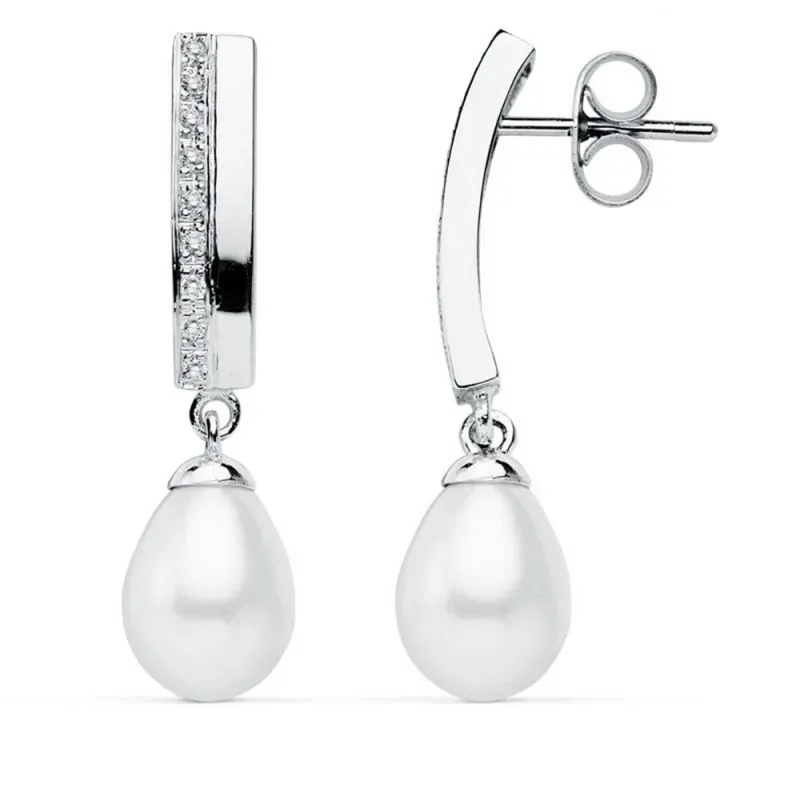 Pendientes oro blanco 9k 30mm. perla cultivada circonitas [AB9019]