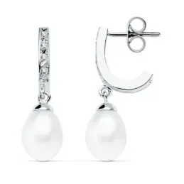 Pendientes oro blanco 9k 25mm. perla cultivada circonitas [AB9020]