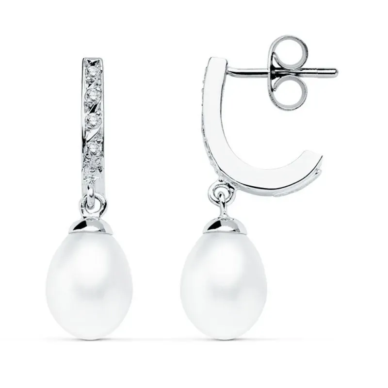Pendientes oro blanco 9k 25mm. perla cultivada circonitas [AB9020]
