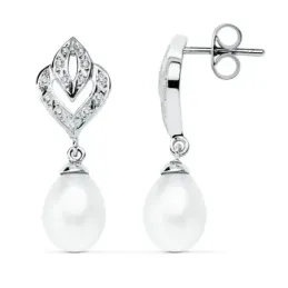 Pendientes oro blanco 9k 28mm. perla cultivada circonitas [AB9021]