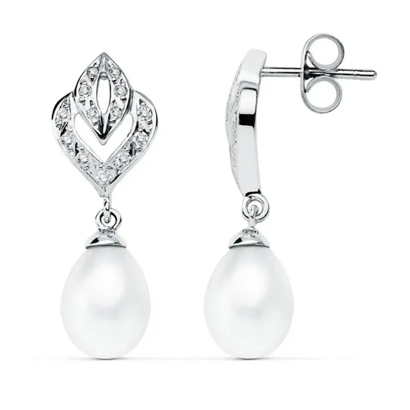 Pendientes oro blanco 9k 28mm. perla cultivada circonitas [AB9021]