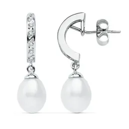 Pendientes oro blanco 9k 28mm. perla cultivada circonitas [AB9022]