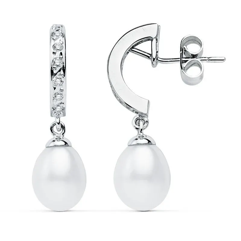 Pendientes oro blanco 9k 28mm. perla cultivada circonitas [AB9022]