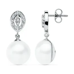 Pendientes oro blanco 9k 27mm. perla cultivada circonitas [AB9023]