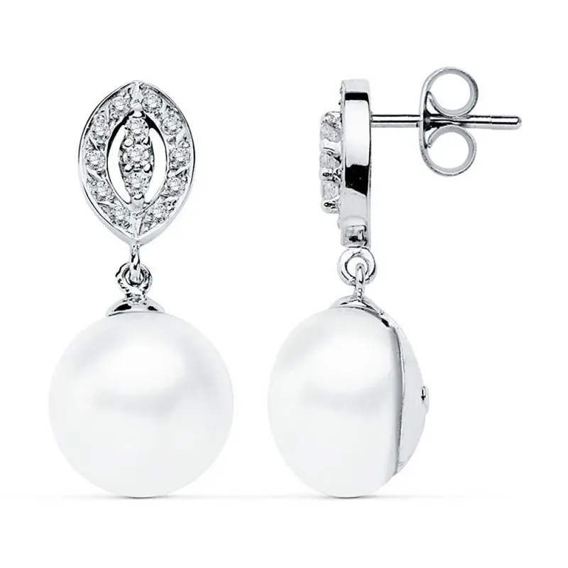 Pendientes oro blanco 9k 27mm. perla cultivada circonitas [AB9023]