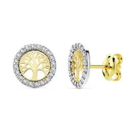 Pendientes oro 18k bicolor Árbol de la Vida circonitas cerco [AB9382]