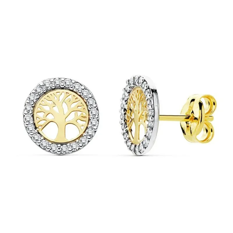 Pendientes oro 18k bicolor Árbol de la Vida circonitas cerco [AB9382]