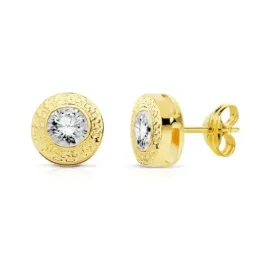 Pendientes oro 18k chatón 7mm. greca circonita 4.5mm. [AB9396]