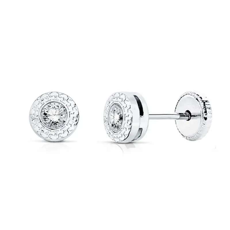 Pendientes oro 18k blanco 5mm. chatón greca circonita 3mm. [AB9398]