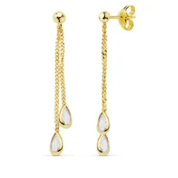 Pendientes oro 18k largos 34mm. doble cadena motivo lágrima [AB9401]