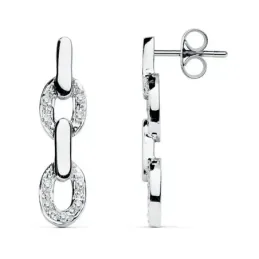 Pendientes oro blanco 18k largos 26mm. cadena circonitas [AC0093]