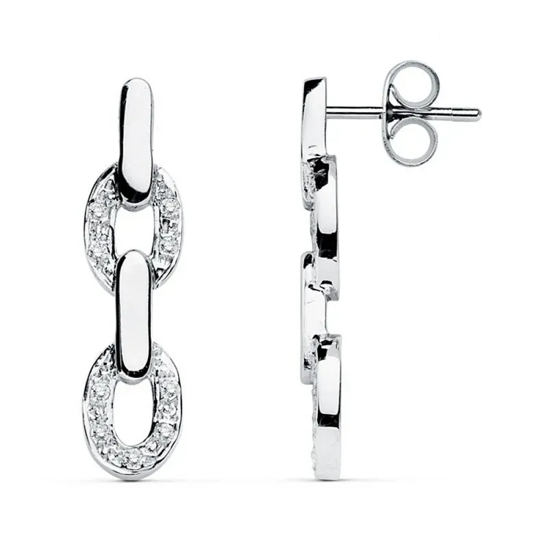 Pendientes oro blanco 18k largos 26mm. cadena circonitas [AC0093]