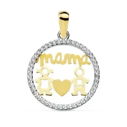 Colgante oro 18k MAMÁ 16mm. niño niña circonitas calado [AC0100]