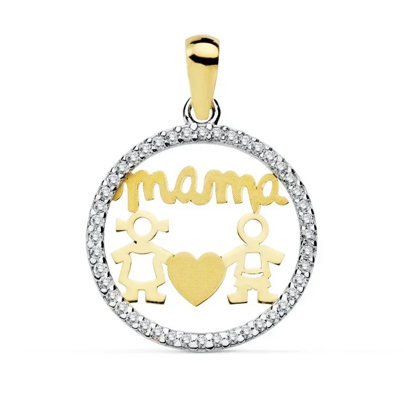 Colgante oro 18k MAMÁ 16mm. niño niña circonitas calado [AC0100]