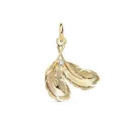 Colgante oro 18k motivo dos plumas 17mm. talladas circonita [AC0114]
