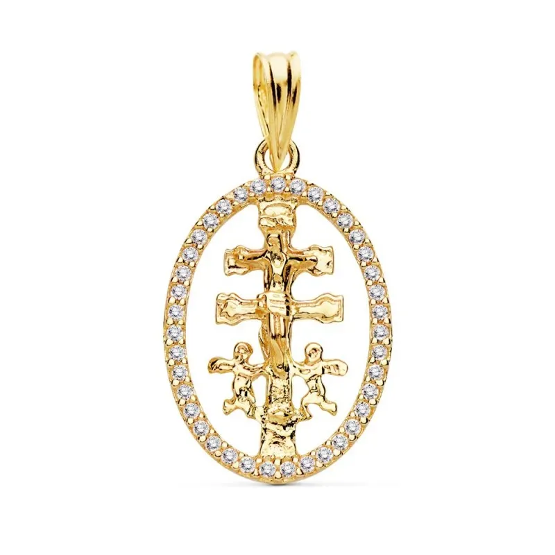 Colgante oro 18k Cruz Caravaca 18mm. cerco circonitas [AC0115]