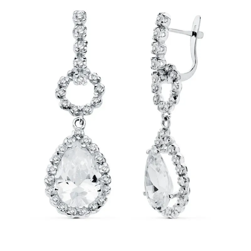 Pendientes oro blanco 18k largos 36mm. lágrima circonitas [AC0117]