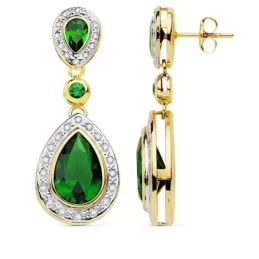 Pendientes oro 18k largos 34mm. piedras verdes circonitas [AC0126]