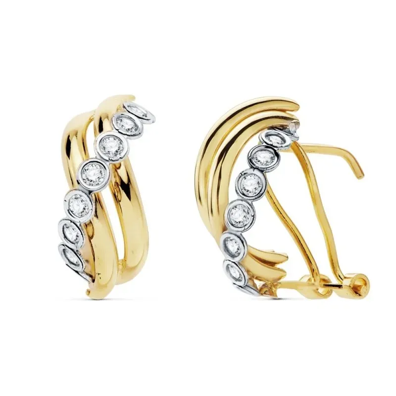 Pendientes oro 18k bicolor 16mm banda circonitas bandas lisas [AC0129]