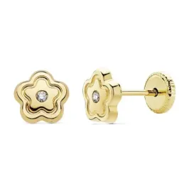 Pendientes oro 18k niña 6mm. flor lisos circonita tuerca [AC0130]