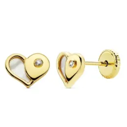 Pendientes oro 18k niña 7mm. nácar corazón circonita [AC0133]