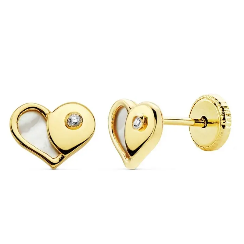 Pendientes oro 18k niña 7mm. nácar corazón circonita [AC0133]