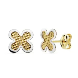 Pendientes oro 18k bicolor 7mm. niña trébol tallados 4 hojas [AC0134]