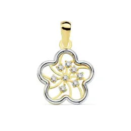 Colgante oro 18k bicolor 13mm. flor calado circonitas cerco [AC0139]