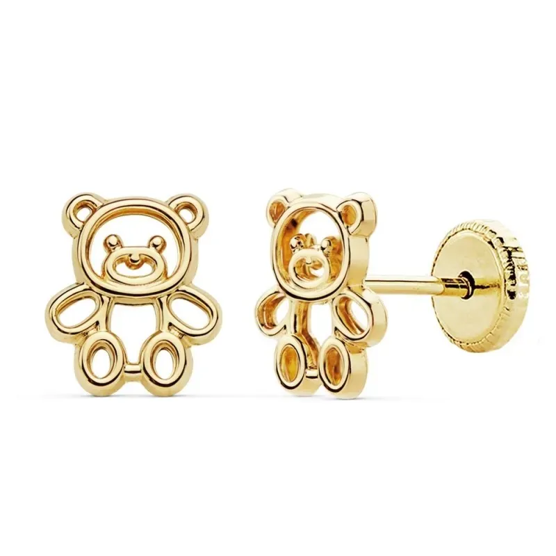 Pendientes oro 18k niña 7mm. calados motivo oso tuerca [AC0140]