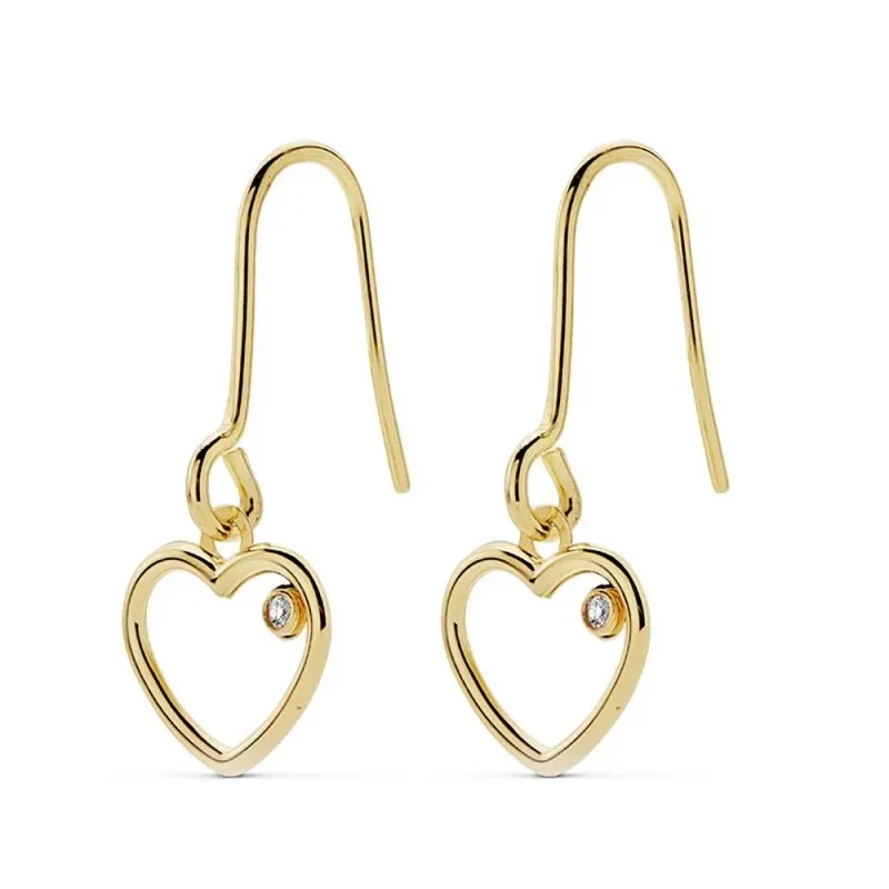 Pendientes oro 18k largos 20mm. corazón calados circonita [AC0146]