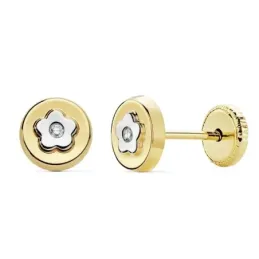 Pendientes oro 18k bicolor 6mm. niña flor redondos circonita [AC0148]