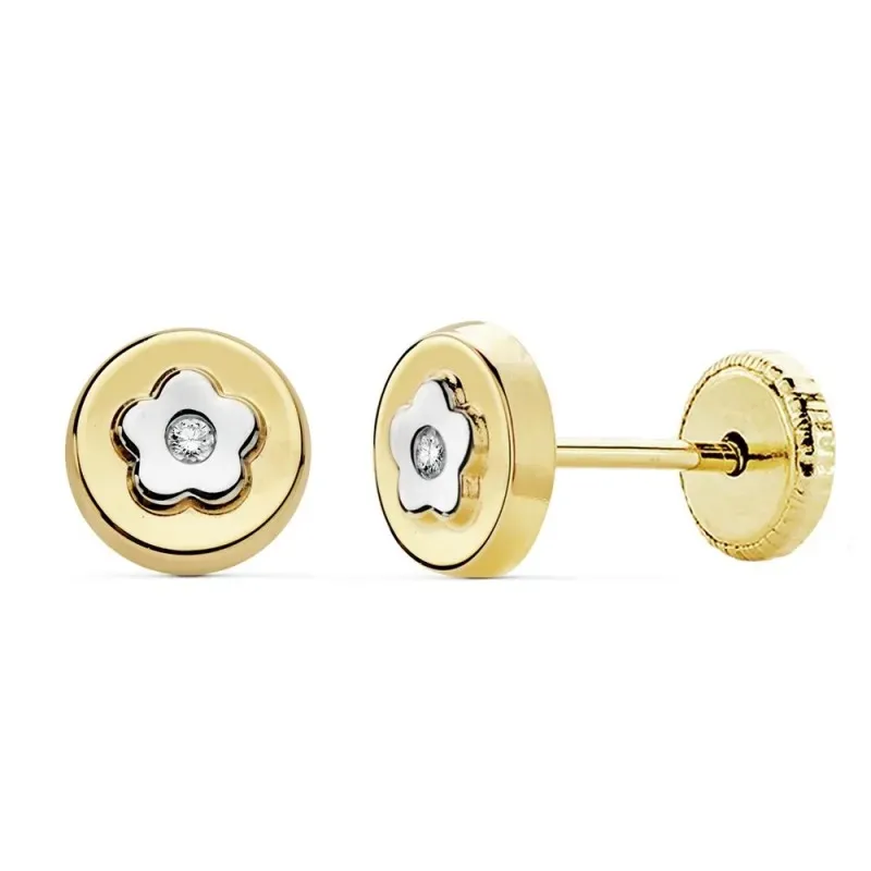 Pendientes oro 18k bicolor 6mm. niña flor redondos circonita [AC0148]