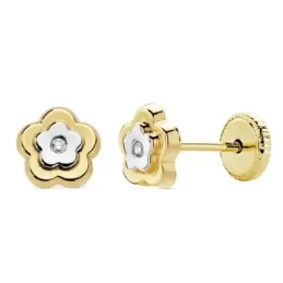 Pendientes oro 18k bicolor 6mm. niña motivo flor circonita [AC0150]